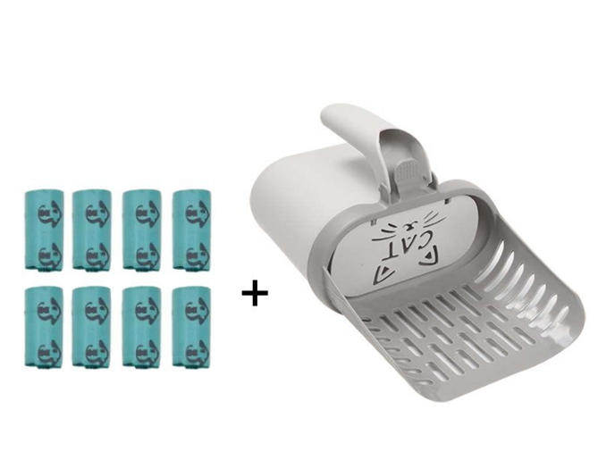 2-in-1 Cat Litter Scoop with Integrated Waste Bin &amp; 8 Rolls Refill Bags Detachable Sifter Shovel Anti-Reflux Baffle Grey