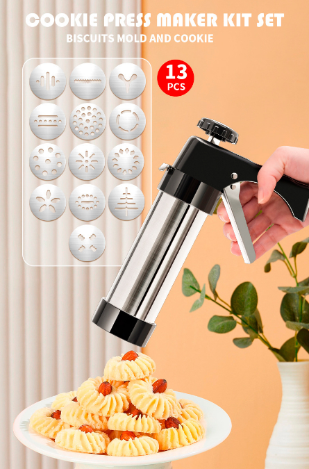 Stainless Steel Cookie Press Maker Kit with 8 Icing Tips and 6 Christmas Discs Red Manual Biscuit Press Machine