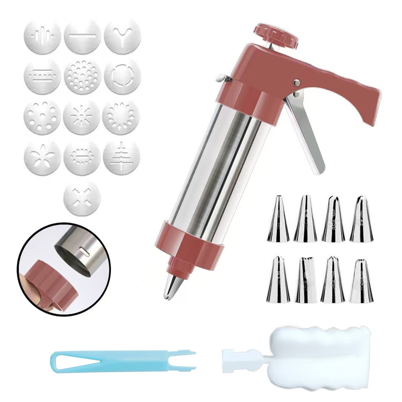 Stainless Steel Cookie Press Maker Kit Red Biscuit Machine with 13 Disc Molds 8 Icing Tips and Sponge Cleaning Brush