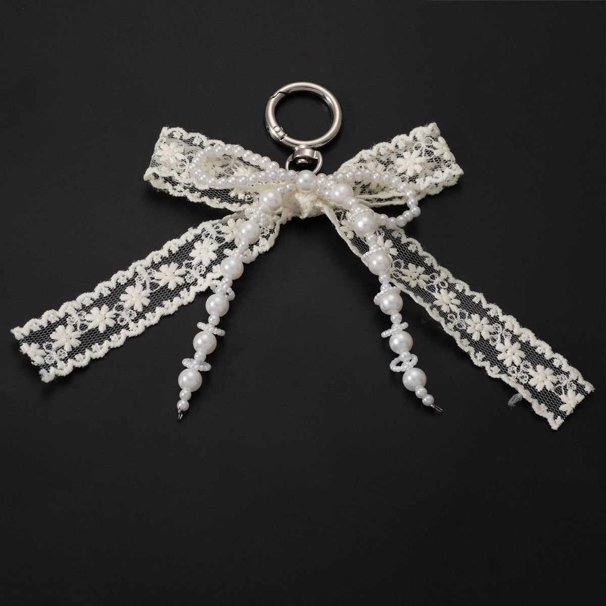Korean Style Designer Faux Pearl and Fabric Bow Bag Charm Elegant Beige Ribbon Bow Keychain for Handbags and Car Keys