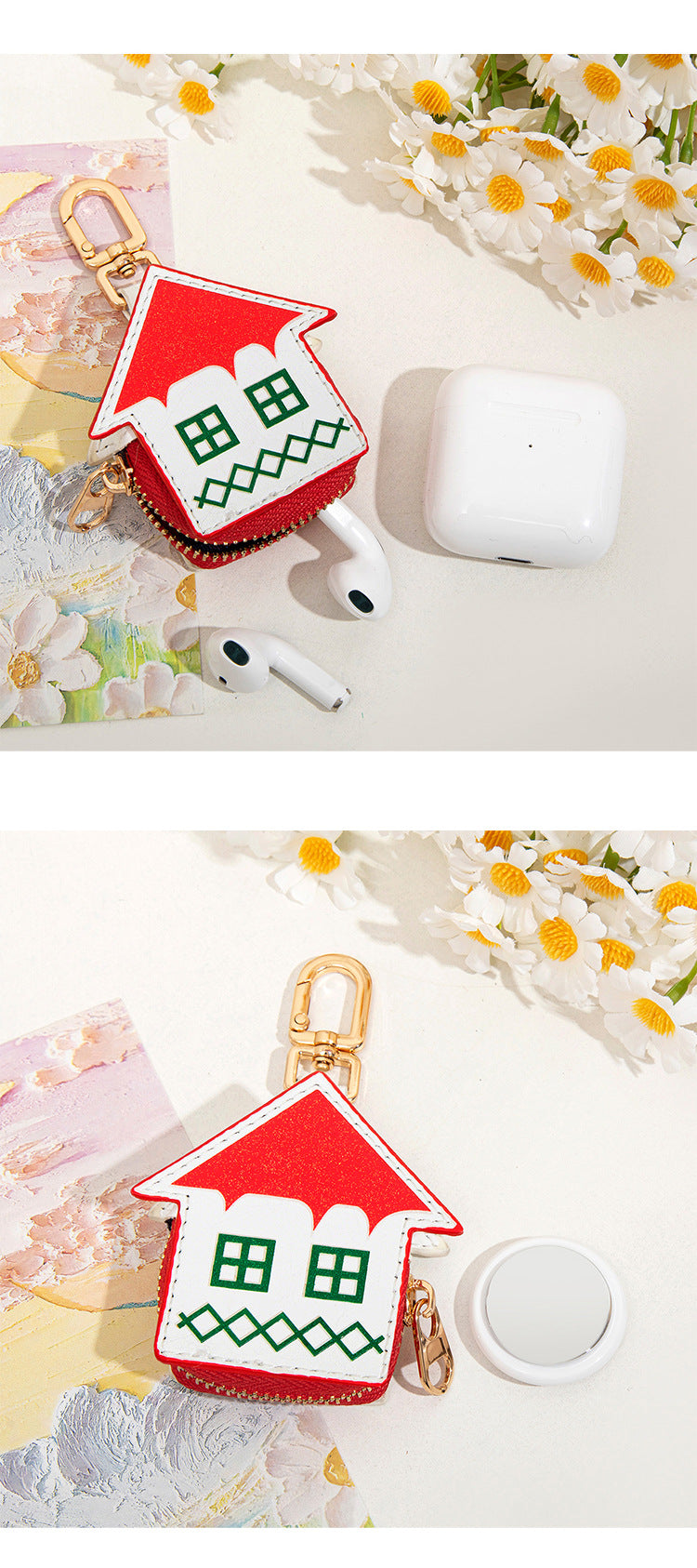 Cute Christmas House Mini Pouch Keychain PU Leather Coin Purse Earbuds Case Bag Charm Festive Gift
