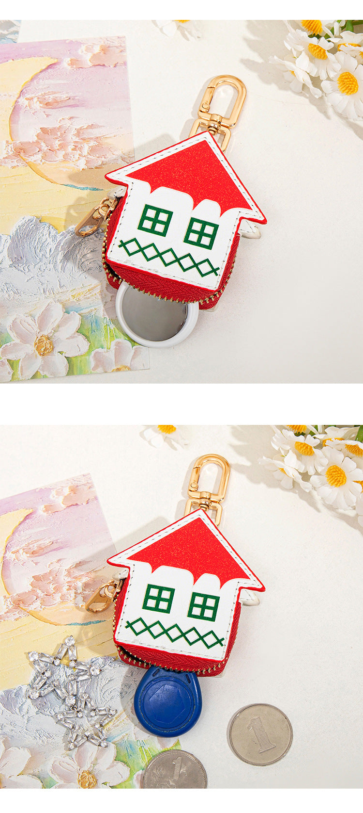Cute Christmas House Mini Pouch Keychain PU Leather Coin Purse Earbuds Case Bag Charm Festive Gift