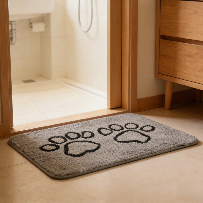 Grey Chenille Pet Mat Non-Slip Absorbent Dog &amp; Cat Rug 50x80cm Cute Paw Print Design for Feeding Sleeping or Entryway