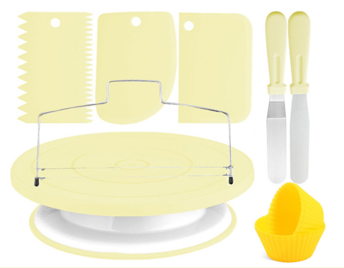 12pcs Cake Decorating Turntable Kit Non-Slip Rotating Stand with Spatulas and Leveler Baking Tools for Home Kitchen DIY Nordic Yellow