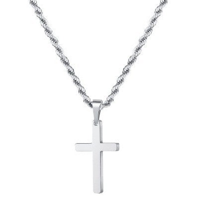 Silver Tone Cross Pendant Necklace Twisted Rope Chain 45cm Unisex Fashion Jewellery Gift for Men &amp; Women