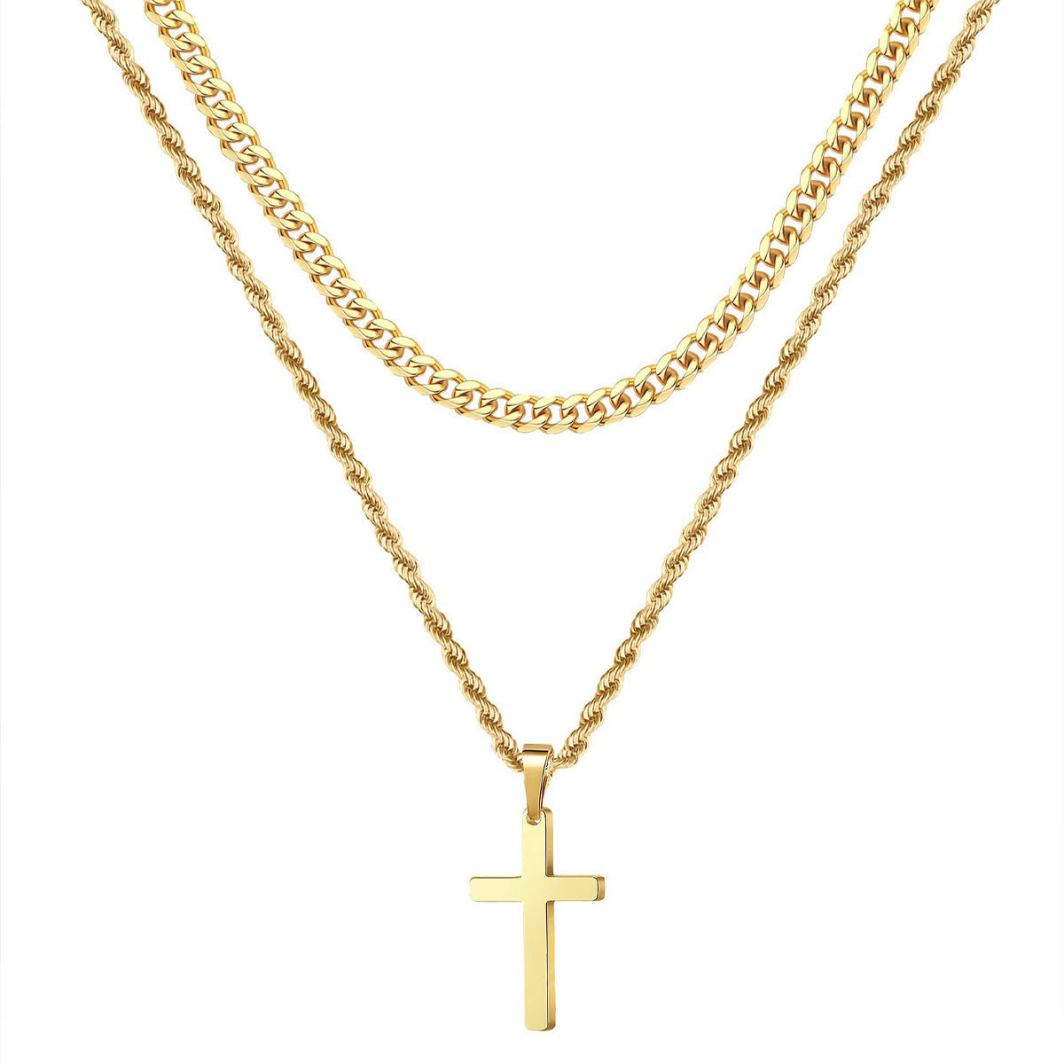 Double Layer Gold Tone Cross Pendant Necklace Set Cuban Link &amp; Rope Chain 40-45cm Layered Fashion Jewellery