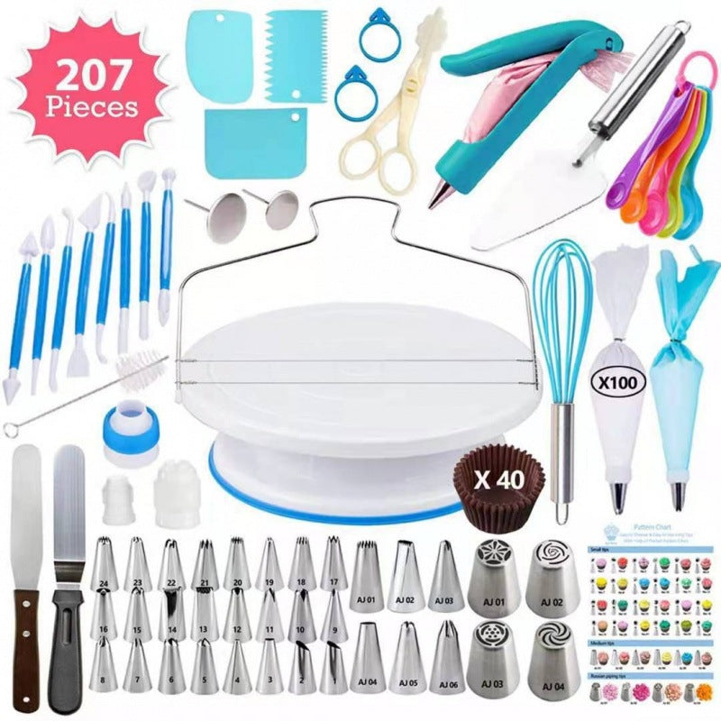 207 Pieces Cake Decorating Kit with Nordic Blue Revolving Turntable Icing Tips and Spatulas Complete Baking Tool Set