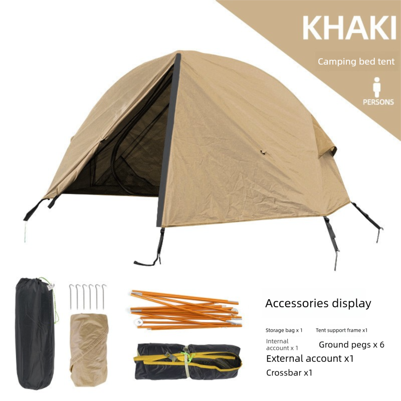 Single Person Off-Ground Camping Tent Portable Folding Bed Cover with Mosquito Net UV-Resistant Fishing Tent Light Khaki