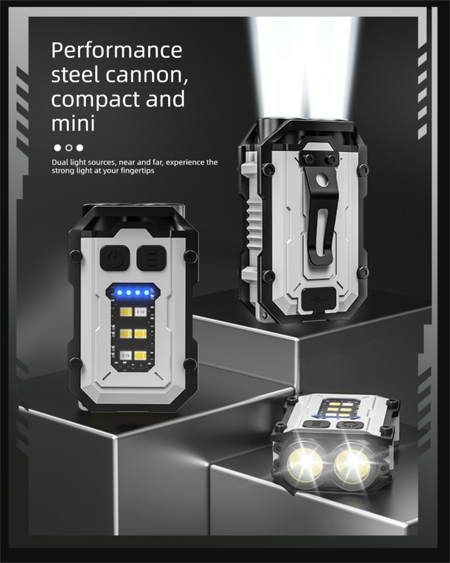 Mini EDC Keychain Flashlight Dual LED Super Bright 750mAh Type-C Rechargeable Magnetic Torch Work Light Black