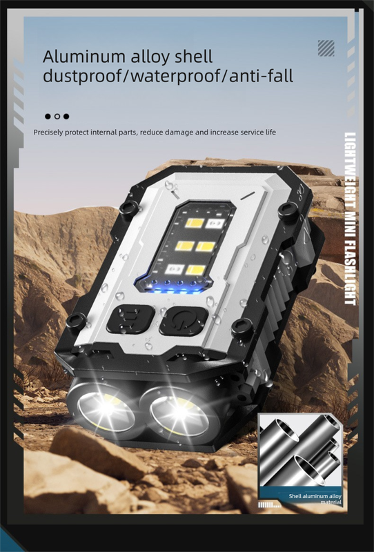 Mini EDC Keychain Flashlight Dual LED Super Bright 750mAh Type-C Rechargeable Magnetic Torch Work Light Black