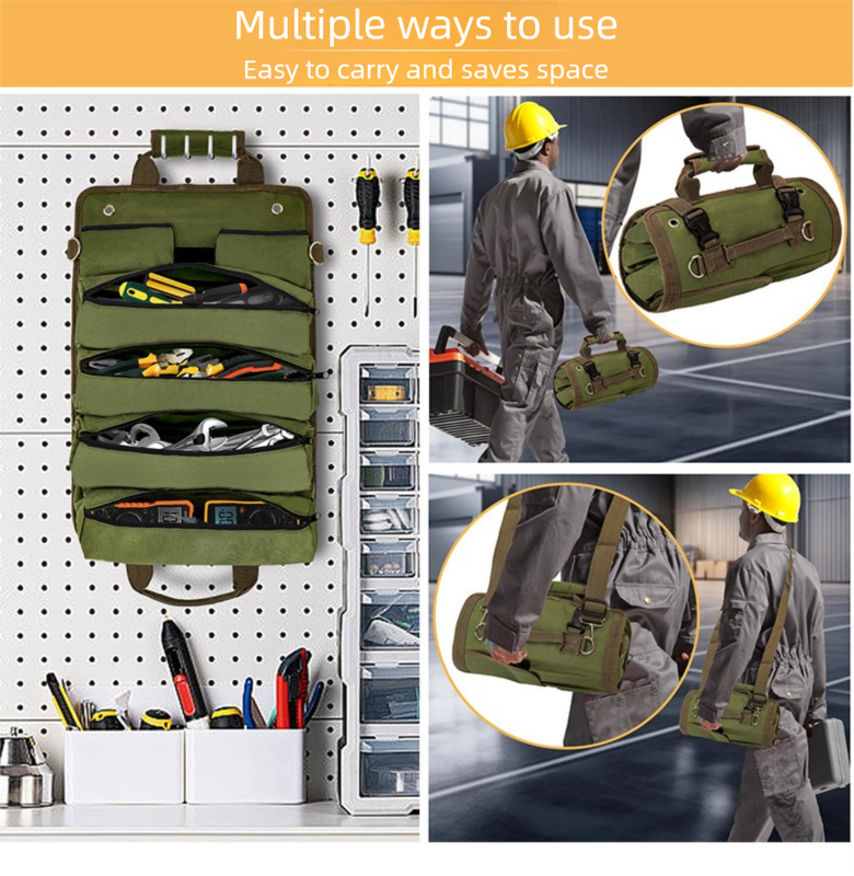 Heavy Duty Tool Roll Up Bag Organiser Multi-Pocket Canvas Carry Pouch for Electrician DIY Mechanic & 4WD Camping Green