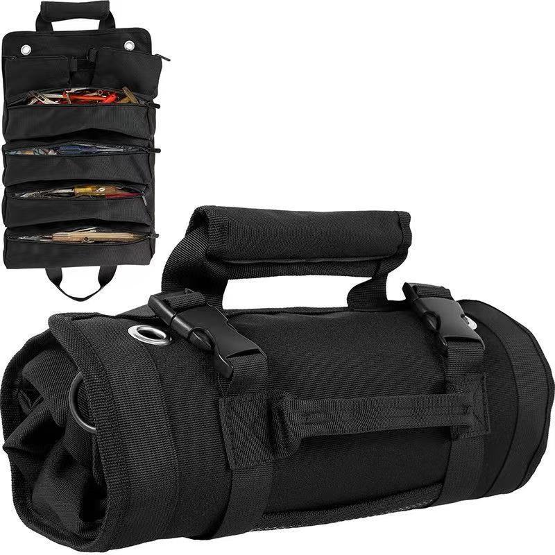 Heavy Duty Tool Roll Up Bag Organiser Multi-Pocket Canvas Carry Pouch for Electrician DIY Mechanic &amp; 4WD Camping Black