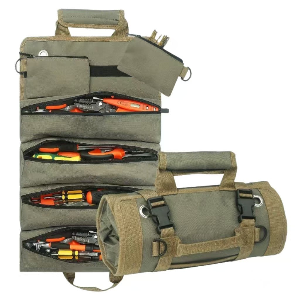 Heavy Duty Tool Roll Up Bag Organiser Multi-Pocket Canvas Carry Pouch for Electrician DIY Mechanic & 4WD Camping Light Grey