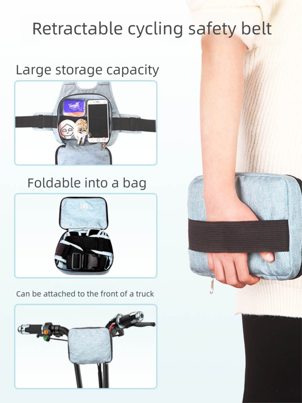 Child Motorcycle Safety Harness Strap Adjustable Passenger Belt with Handles & Storage Pocket Breathable Linen Light Blue for Scooter