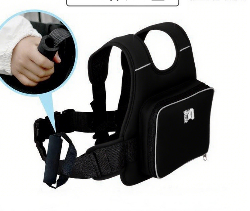 Child Motorcycle Safety Harness Strap Adjustable Passenger Belt with Handles &amp; Storage Pocket Breathable Linen Black for Scooter
