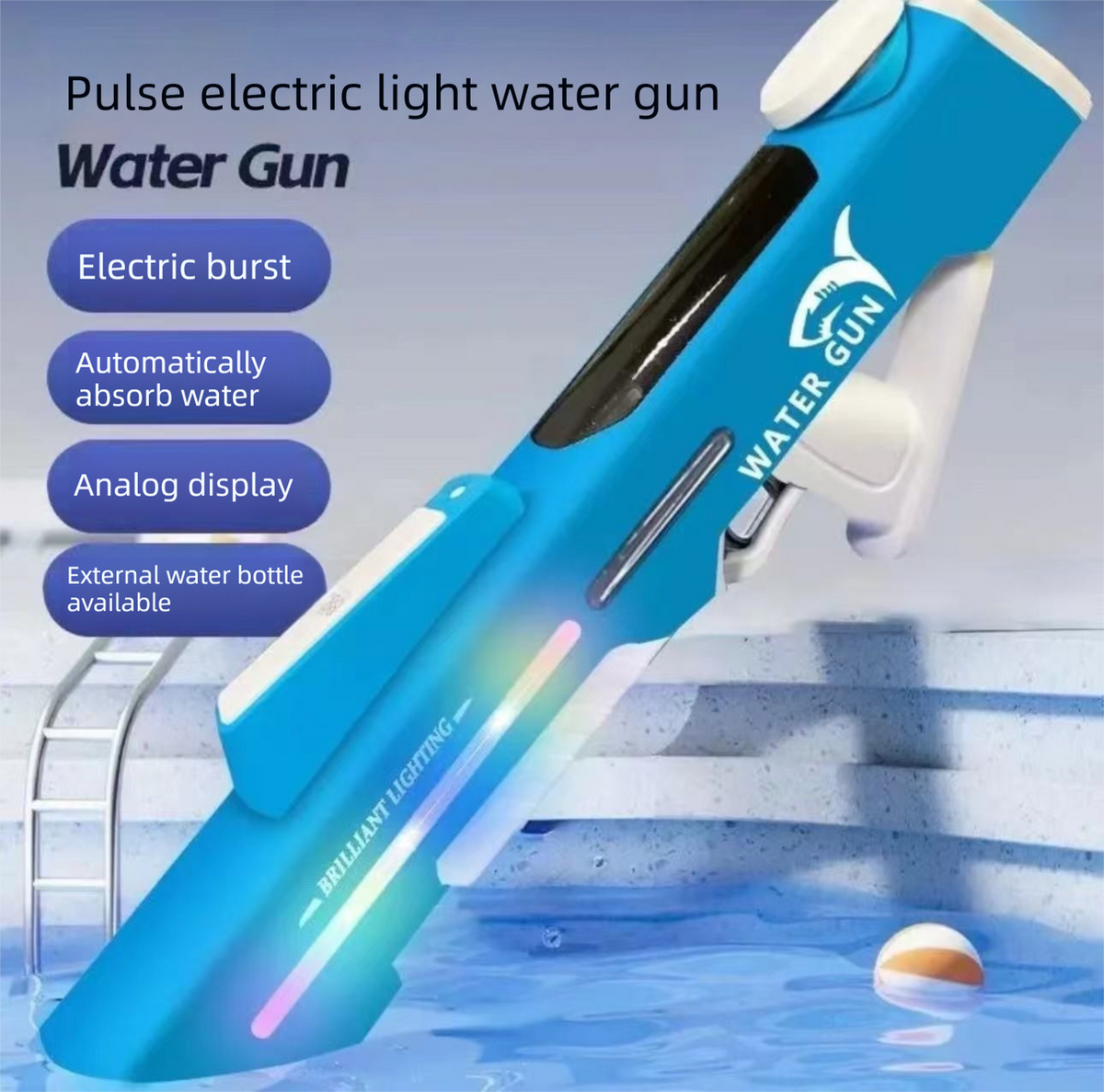 Electric Water Gun Auto Refill 46cm Blue Pulse Blaster High Pressure Toy with Manual &amp; Electric Dual Mode for Kids &amp; Adults