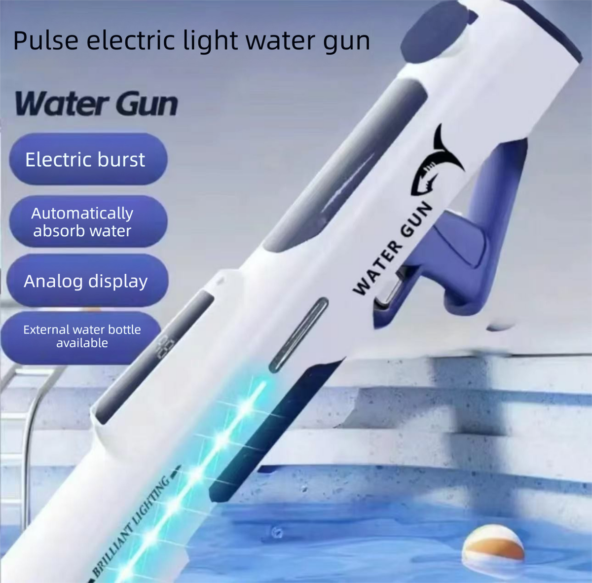 Electric Water Gun Auto Refill 46cm White Pulse Blaster High Pressure Toy with Manual &amp; Electric Dual Mode for Kids &amp; Adults