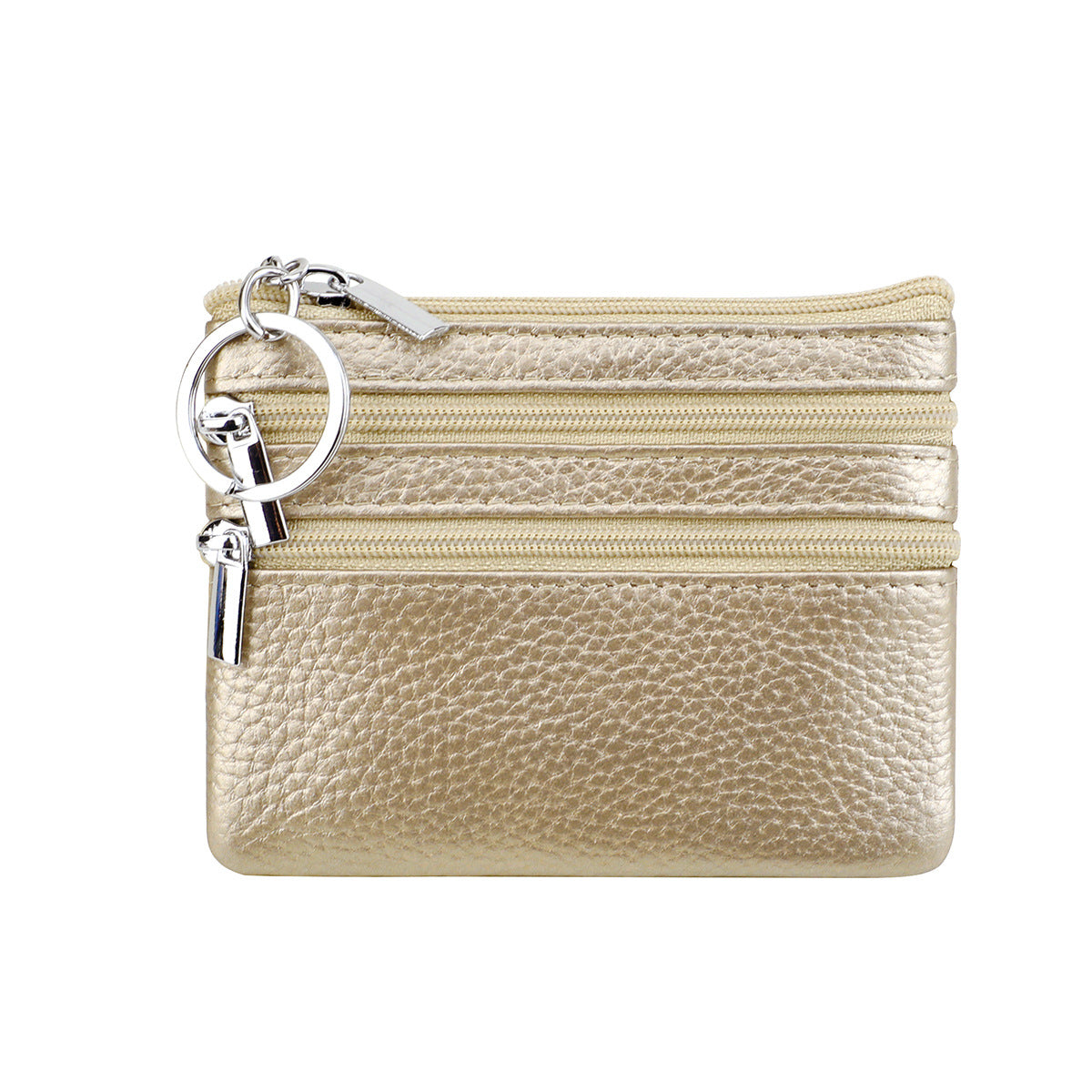Genuine Leather Coin Purse Mini Wallet with Triple Zipper Pockets Key Ring Holder Pouch for Cash &amp; Cards - Champagne color