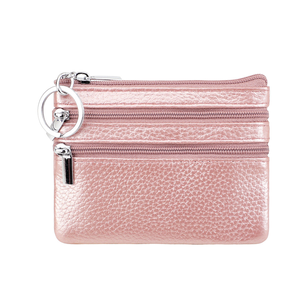 Genuine Leather Coin Purse Mini Wallet with Triple Zipper Pockets Key Ring Holder Pouch for Cash &amp; Cards - Rose gold