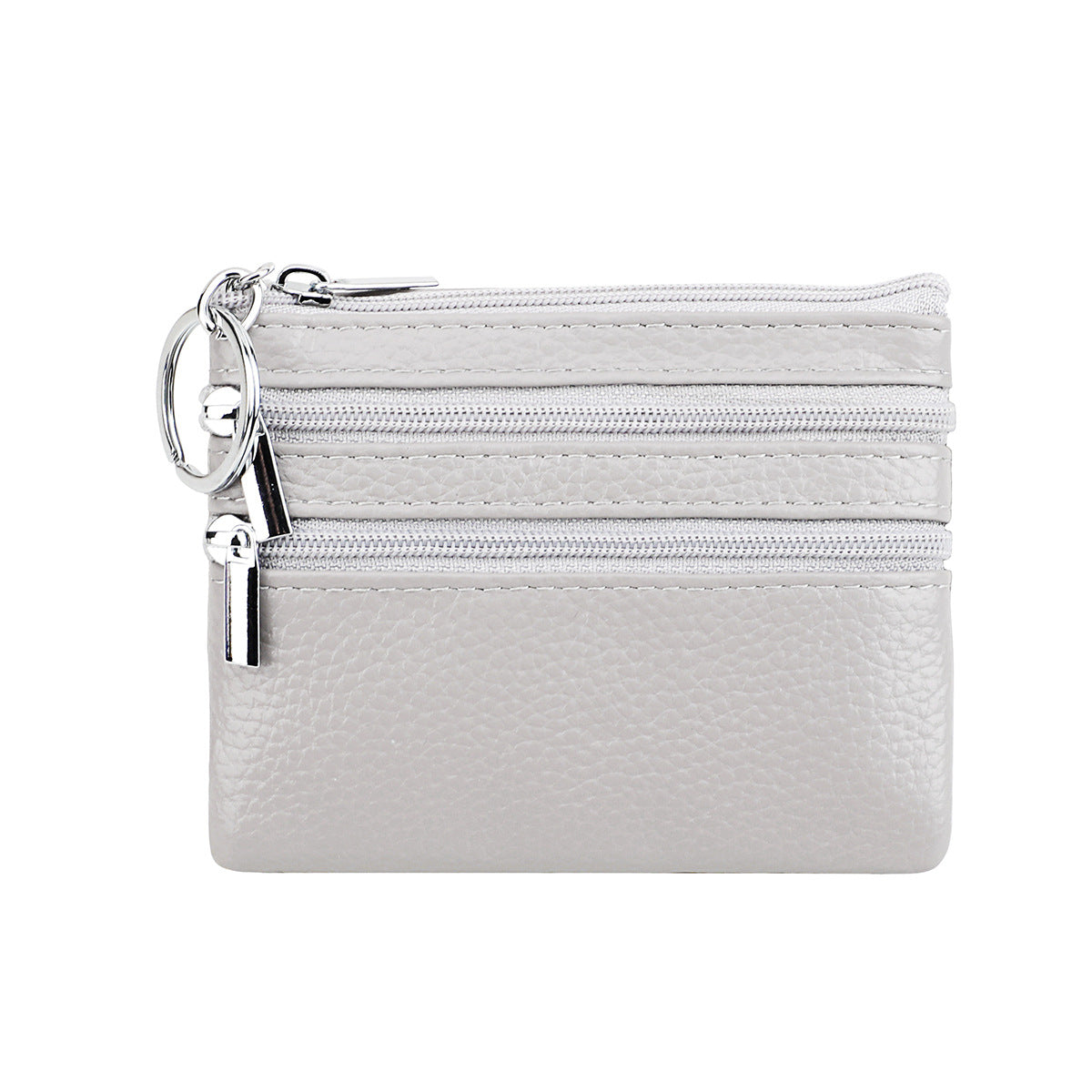 Genuine Leather Coin Purse Mini Wallet with Triple Zipper Pockets Key Ring Holder Pouch for Cash &amp; Cards - Medium Gray