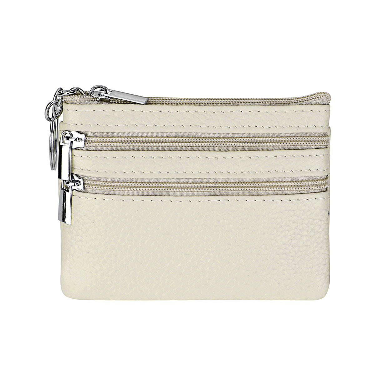 Genuine Leather Coin Purse Mini Wallet with Triple Zipper Pockets Key Ring Holder Pouch for Cash &amp; Cards - Milky white