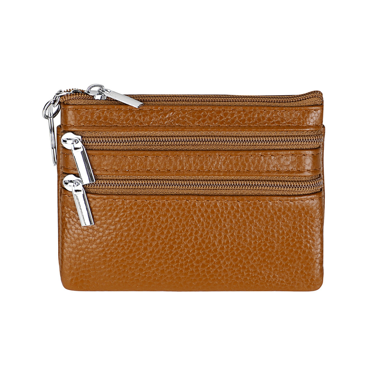Genuine Leather Coin Purse Mini Wallet with Triple Zipper Pockets Key Ring Holder Pouch for Cash &amp; Cards - Camel colour