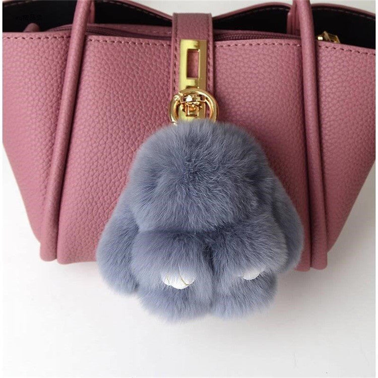 Fluffy Mini Rex Rabbit Fur Keychain Cute Bunny Bag Charm - Soft Plush Animal Doll Key Ring for Car Keys &amp; Handbags - Grey