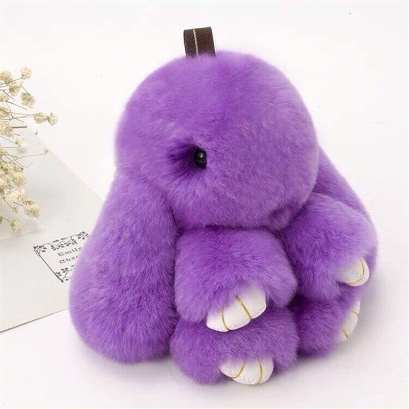 Fluffy Mini Rex Rabbit Fur Keychain Cute Bunny Bag Charm - Soft Plush Animal Doll Key Ring for Car Keys &amp; Handbags - Purple