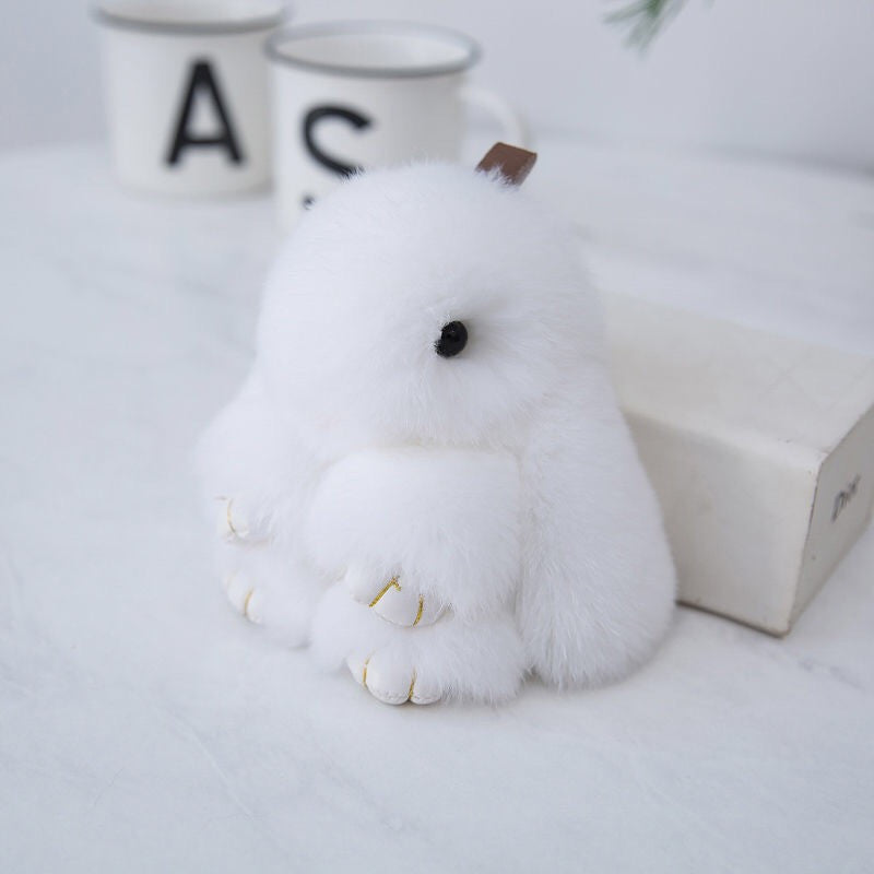 Fluffy Mini Rex Rabbit Fur Keychain Cute Bunny Bag Charm - Soft Plush Animal Doll Key Ring for Car Keys &amp; Handbags - White