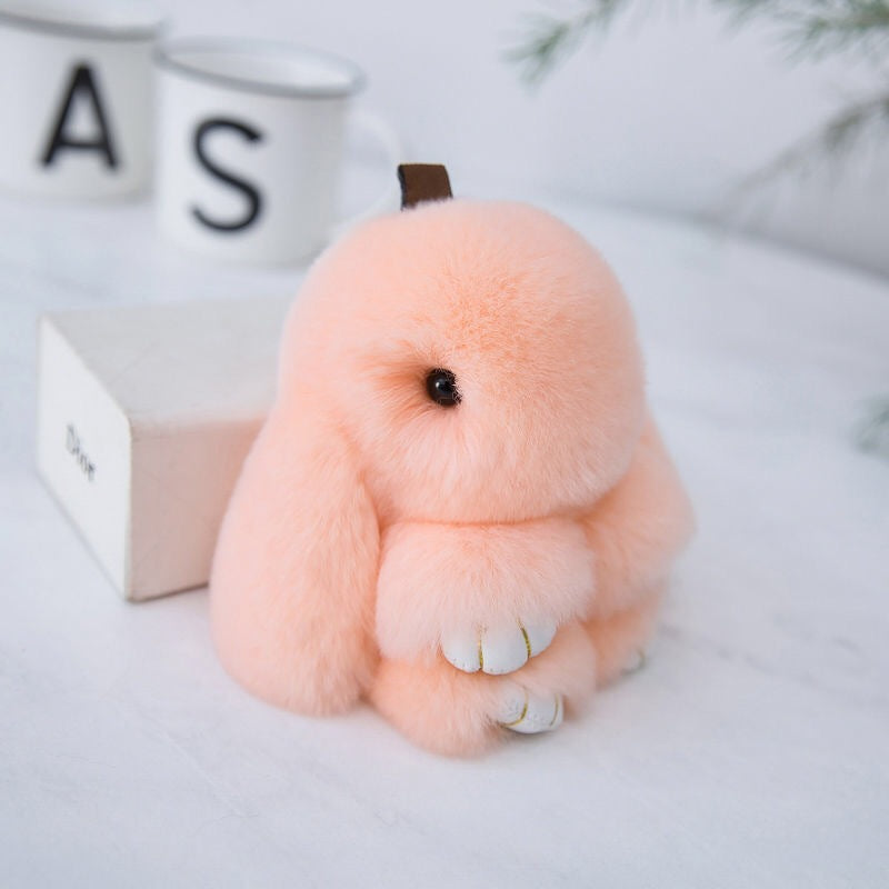 Fluffy Mini Rex Rabbit Fur Keychain Cute Bunny Bag Charm - Soft Plush Animal Doll Key Ring for Car Keys &amp; Handbags - Apricot Pink