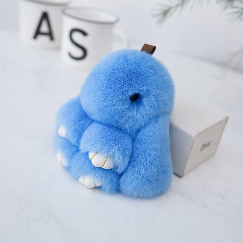 Fluffy Mini Rex Rabbit Fur Keychain Cute Bunny Bag Charm - Soft Plush Animal Doll Key Ring for Car Keys &amp; Handbags - Blue