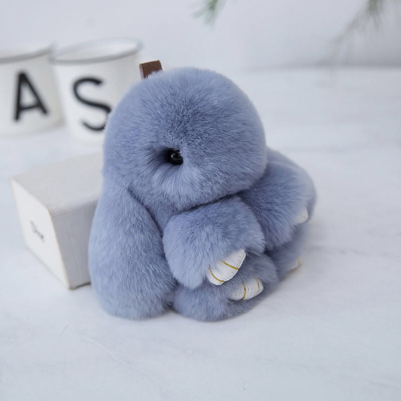 Fluffy Mini Rex Rabbit Fur Keychain Cute Bunny Bag Charm - Soft Plush Animal Doll Key Ring for Car Keys &amp; Handbags - Light Grey