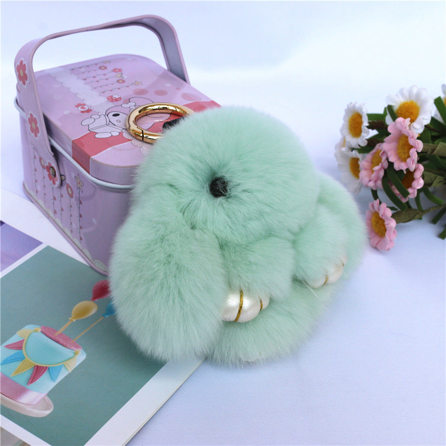Fluffy Mini Rex Rabbit Fur Keychain Cute Bunny Bag Charm - Soft Plush Animal Doll Key Ring for Car Keys &amp; Handbags - Green