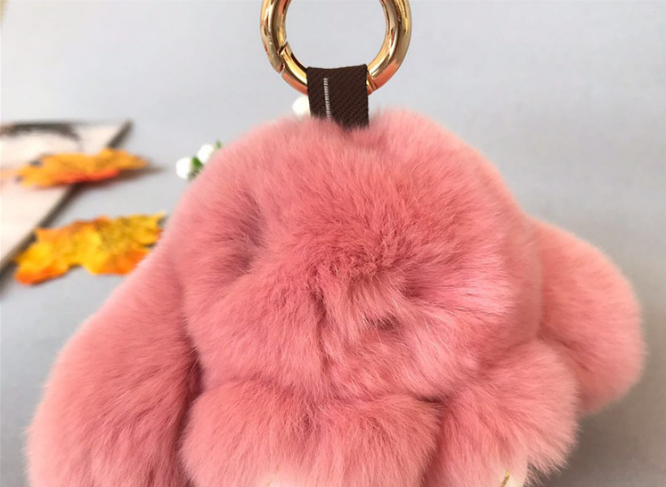 Fluffy Mini Rex Rabbit Fur Keychain Cute Bunny Bag Charm - Soft Plush Animal Doll Key Ring for Car Keys &amp; Handbags - Bean Paste Pink