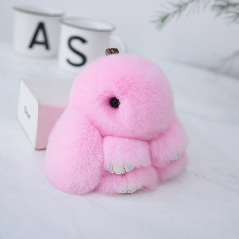 Fluffy Mini Rex Rabbit Fur Keychain Cute Bunny Bag Charm - Soft Plush Animal Doll Key Ring for Car Keys &amp; Handbags - Cherry Blossom Pink
