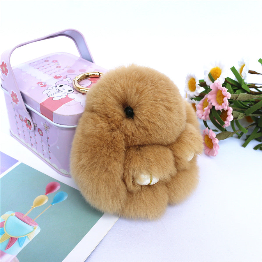 Fluffy Mini Rex Rabbit Fur Keychain Cute Bunny Bag Charm - Soft Plush Animal Doll Key Ring for Car Keys &amp; Handbags - Khaki