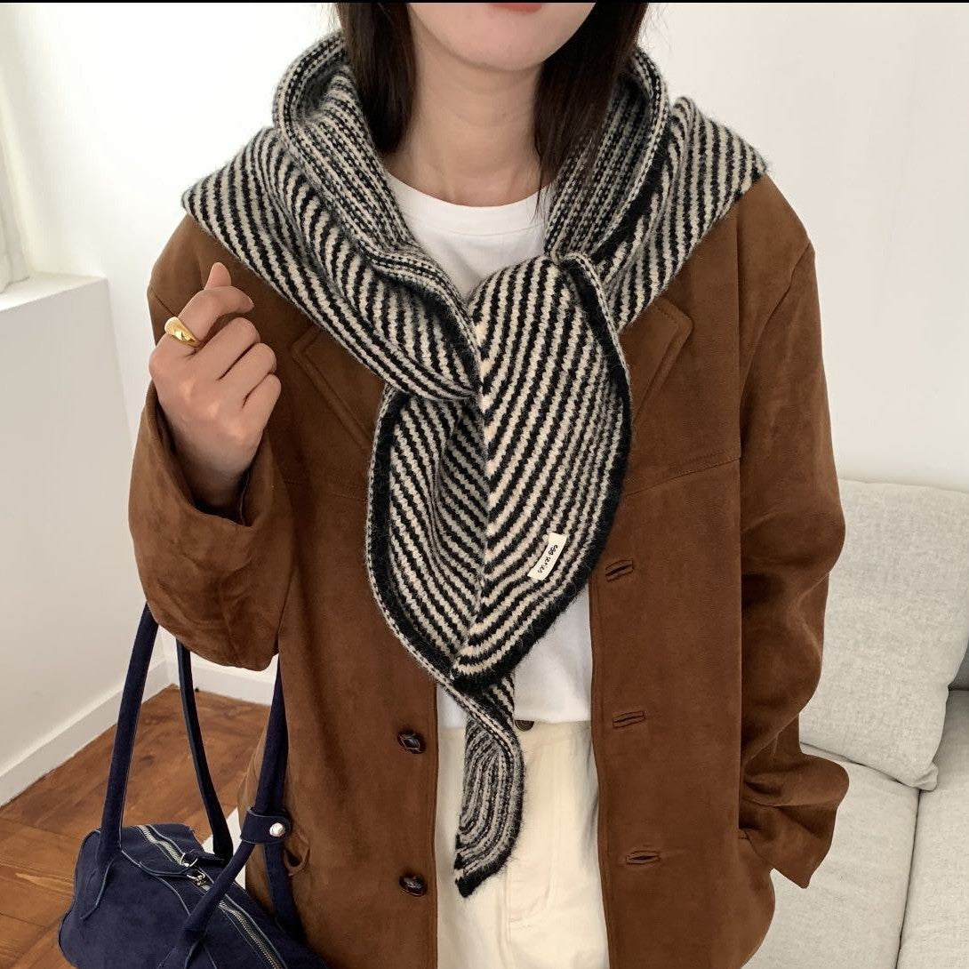 Striped Wool Blend Knitted Triangle Scarf - Soft Warm Shawl Neck Wrap for Women - Chic Autumn Layering Accessory - Black &amp; White