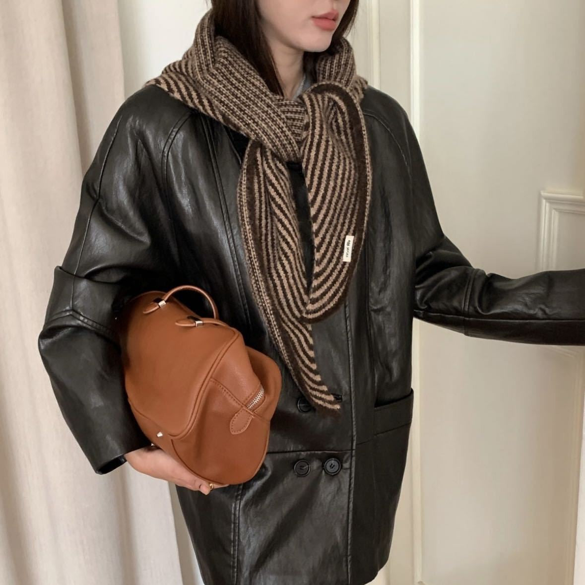 Coffee Striped Wool Blend Knitted Triangle Scarf - Soft Warm Shawl Neck Wrap for Women - Chic Autumn Layering Accessory - Brown