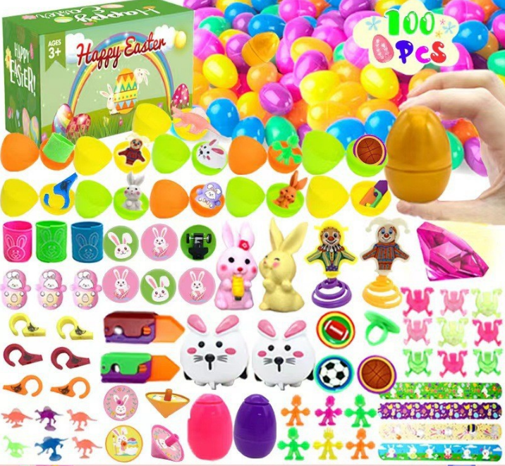 100 PCS Easter Eggs with 100 Toy Fillers - Bulk Surprise Plastic Eggs &amp; Mini Toys Set - Includes Golden Egg - Ideal for Large Egg Hunts &amp; Party Favours