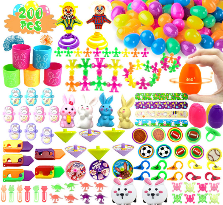 200 PCS Easter Party Favours Set with Plastic Eggs &amp; Assorted Toys - Bulk Fillers for Kids Egg Hunts, Basket Stuffers &amp; Classroom Rewards