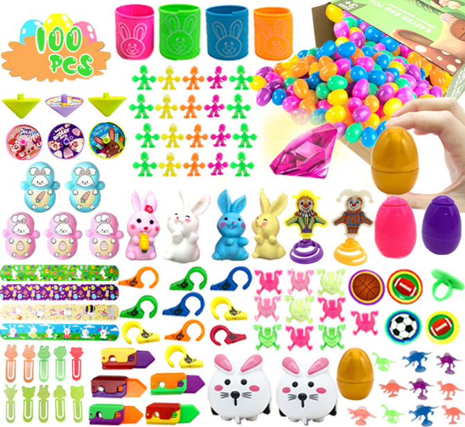 100 PCS Easter Party Favours Set with Plastic Eggs &amp; Novelty Toys - Assorted Fillers for Kids Egg Hunts, Basket Stuffers &amp; School Rewards