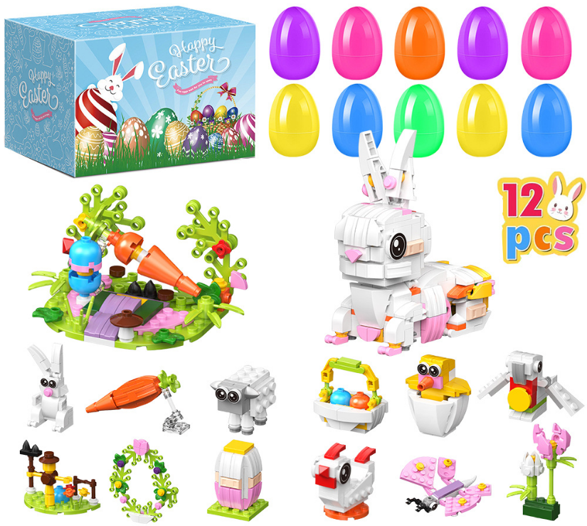 12 PCS Pre-filled Easter Eggs with Mini Building Block Toys - Creative Construction Figures (Bunny, Chick, Sheep) for Kids Egg Hunt, Party Favours &amp; Basket Stuffers