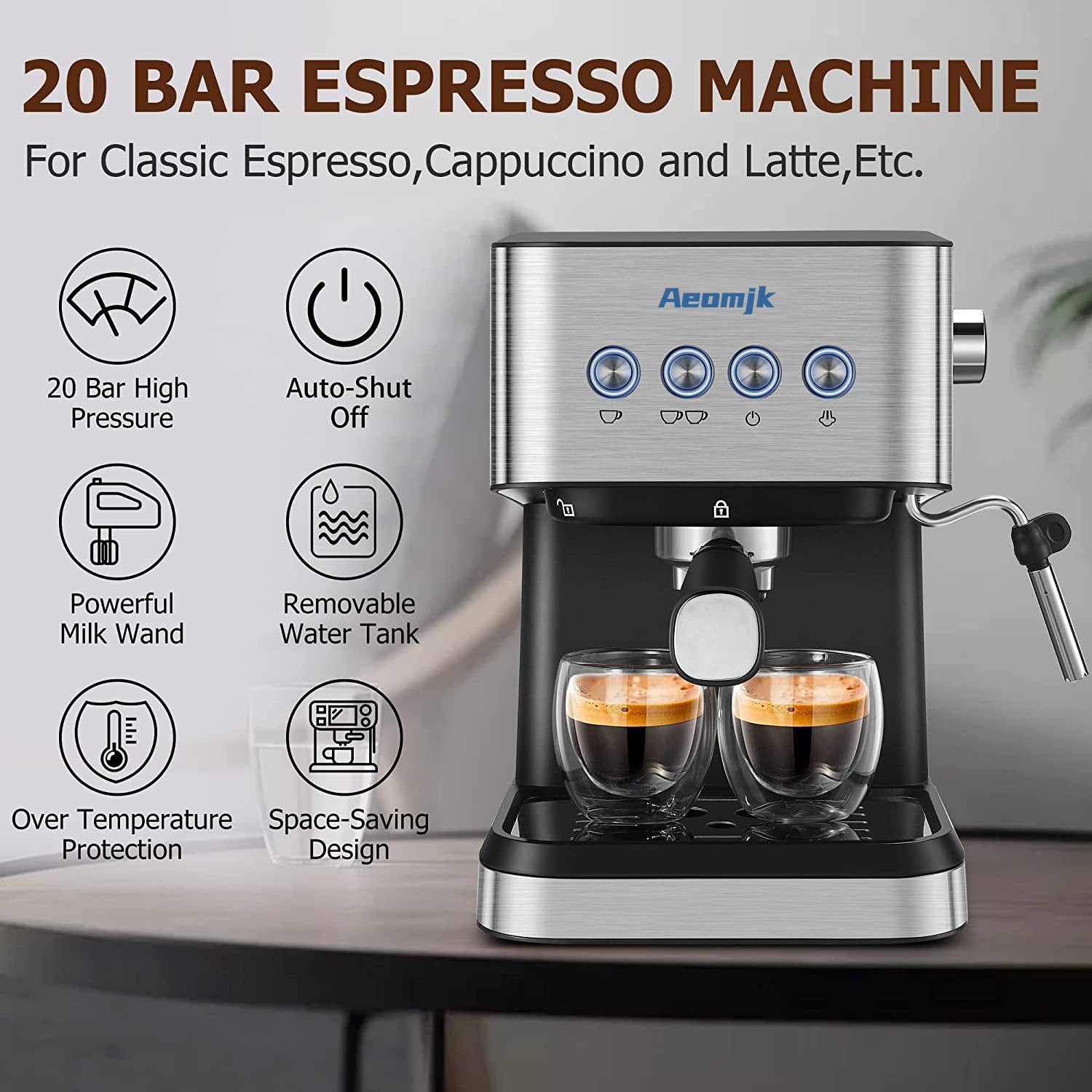 Premium Espresso Coffee Machine with Touch Control Panel & Steam Milk Frother 1050W Stainless Steel CM3010 (AU Plug)