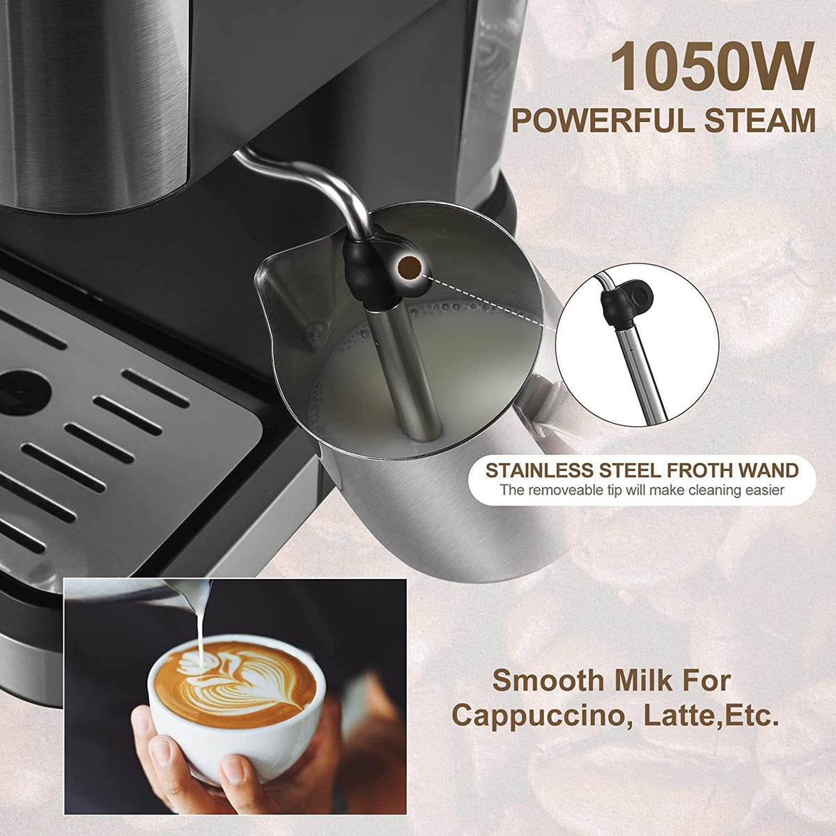 Premium Espresso Coffee Machine with Touch Control Panel & Steam Milk Frother 1050W Stainless Steel CM3010 (AU Plug)