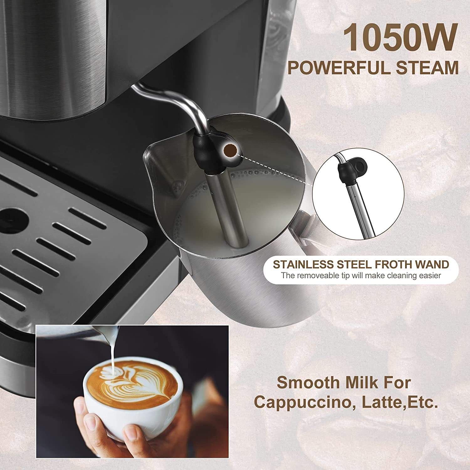 Premium Espresso Coffee Machine with Touch Control Panel & Steam Milk Frother 1050W Stainless Steel CM3010 (AU Plug)