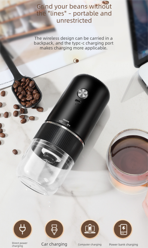 Portable Electric Coffee Grinder Wireless Rechargeable Burr Mill with Cleaning Brush Automatic Bean Grinder MDJ-13 Black