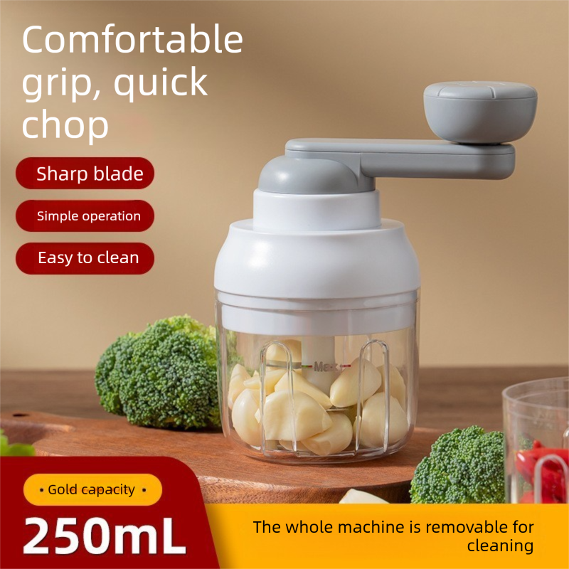 Manual Mini Garlic Chopper &amp; Food Processor 250ml Portable Hand-Crank Mincer for Garlic, Meat, and Baby Food – Ivory White