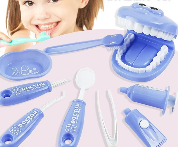 9 Piece Kids Dentist Pretend Play Set - Purple Educational Medical Kit with Teeth Model, Toothbrush &amp; Tools - Oral Hygiene Learning Toy for Toddlers &amp; Preschoolers