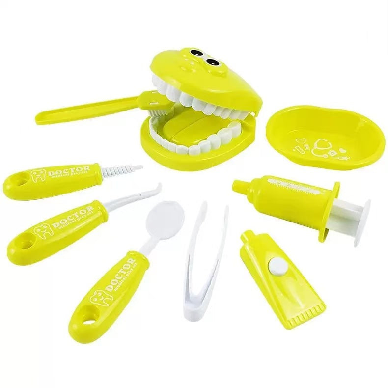 9 Piece Kids Dentist Pretend Play Set - Yellow Educational Medical Kit with Teeth Model, Toothbrush &amp; Tools - Oral Hygiene Learning Toy for Toddlers &amp; Preschoolers