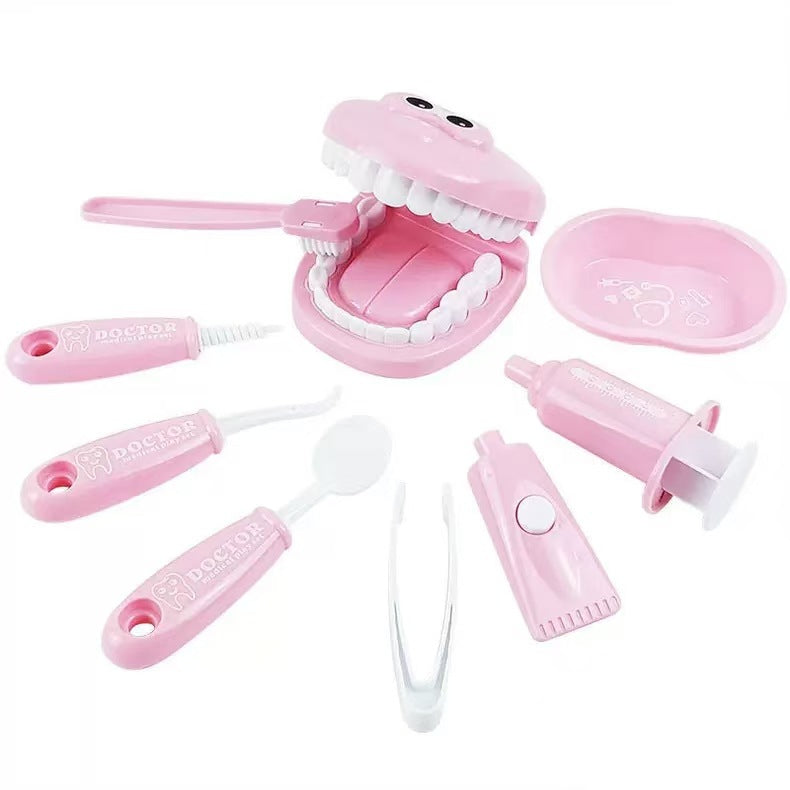 9 Piece Kids Dentist Pretend Play Set - Pink Educational Medical Kit with Teeth Model, Toothbrush &amp; Tools - Oral Hygiene Learning Toy for Toddlers &amp; Preschoolers